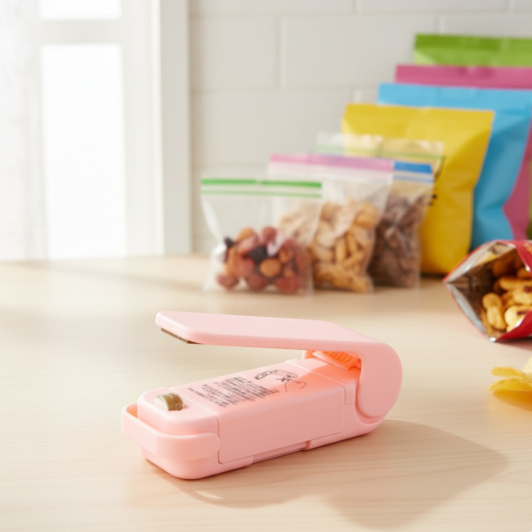 A pink plastic bag sealer sits on a wooden counter with several sealed snack bags and colorful bags in the background.