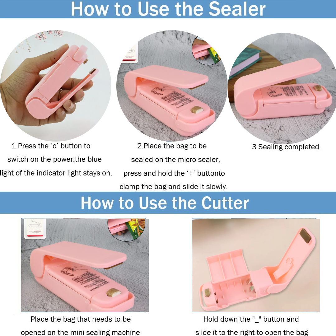 Instructions for using the pink plastic bag sealer are shown in six panels, detailing sealing and cutting functions.