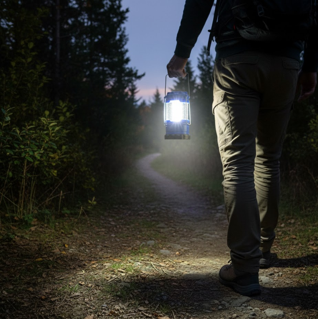 A person walks away from the camera on a dark, winding path, holding a bright blue lantern that lights the way.