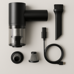 Compact wireless vacuum cleaning dust from a tight corner in a home setting.