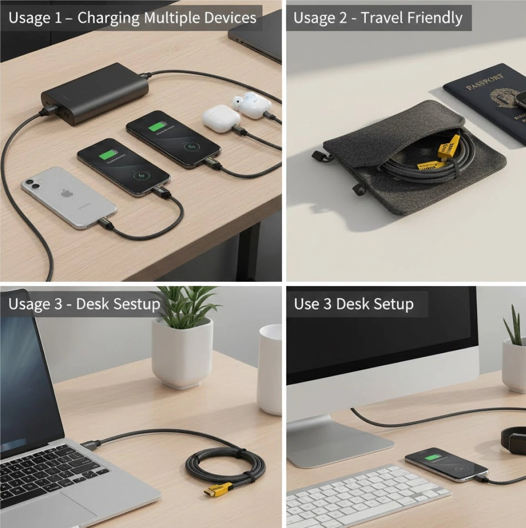 4 in 1 Fast Charging Cable | Multi-Port USB-C to Type-C & Lightning | Nylon Braided Fast Charger for iOS & Android (1 Pc / Loose)