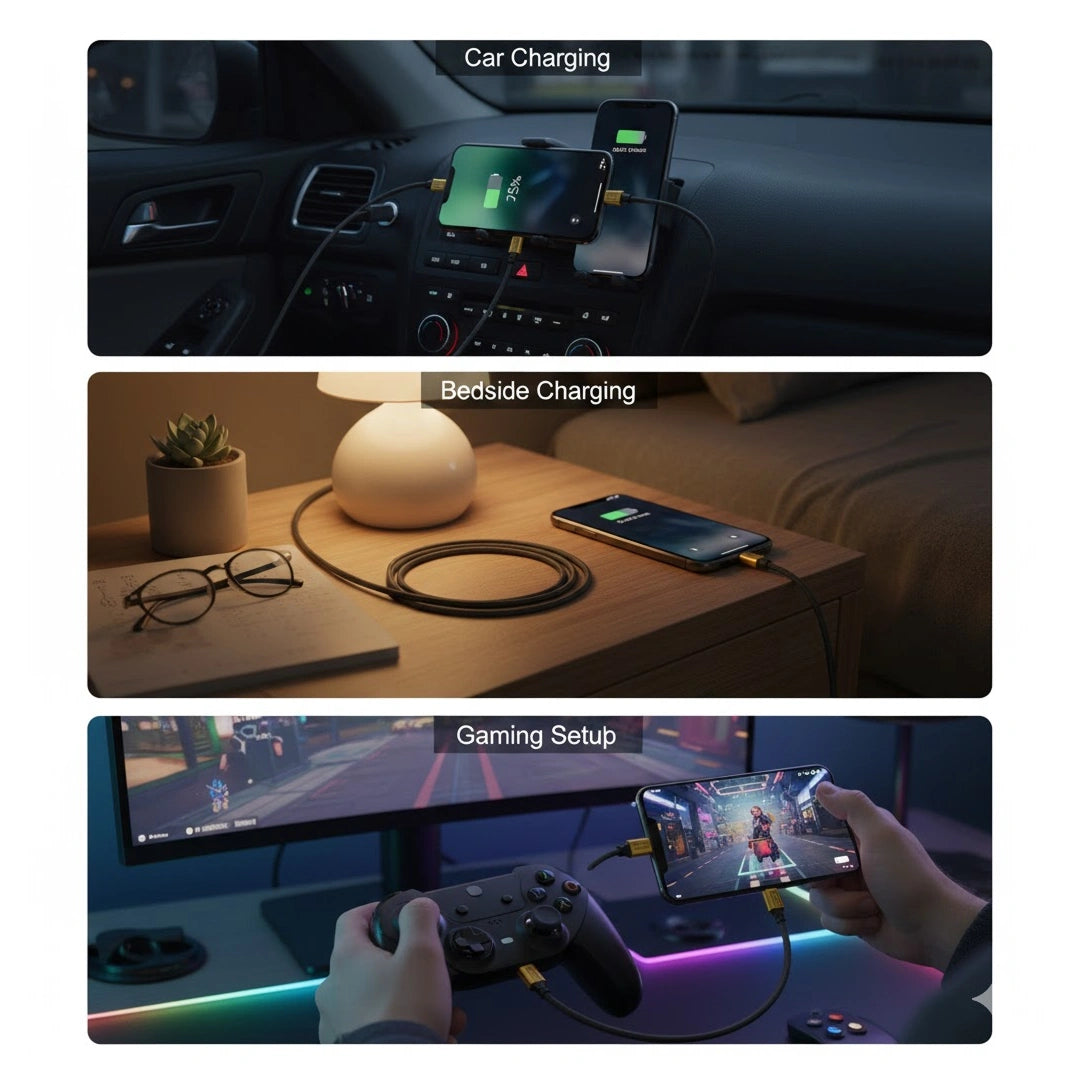 4 in 1 Fast Charging Cable | Multi-Port USB-C to Type-C & Lightning | Nylon Braided Fast Charger for iOS & Android (1 Pc / Loose)