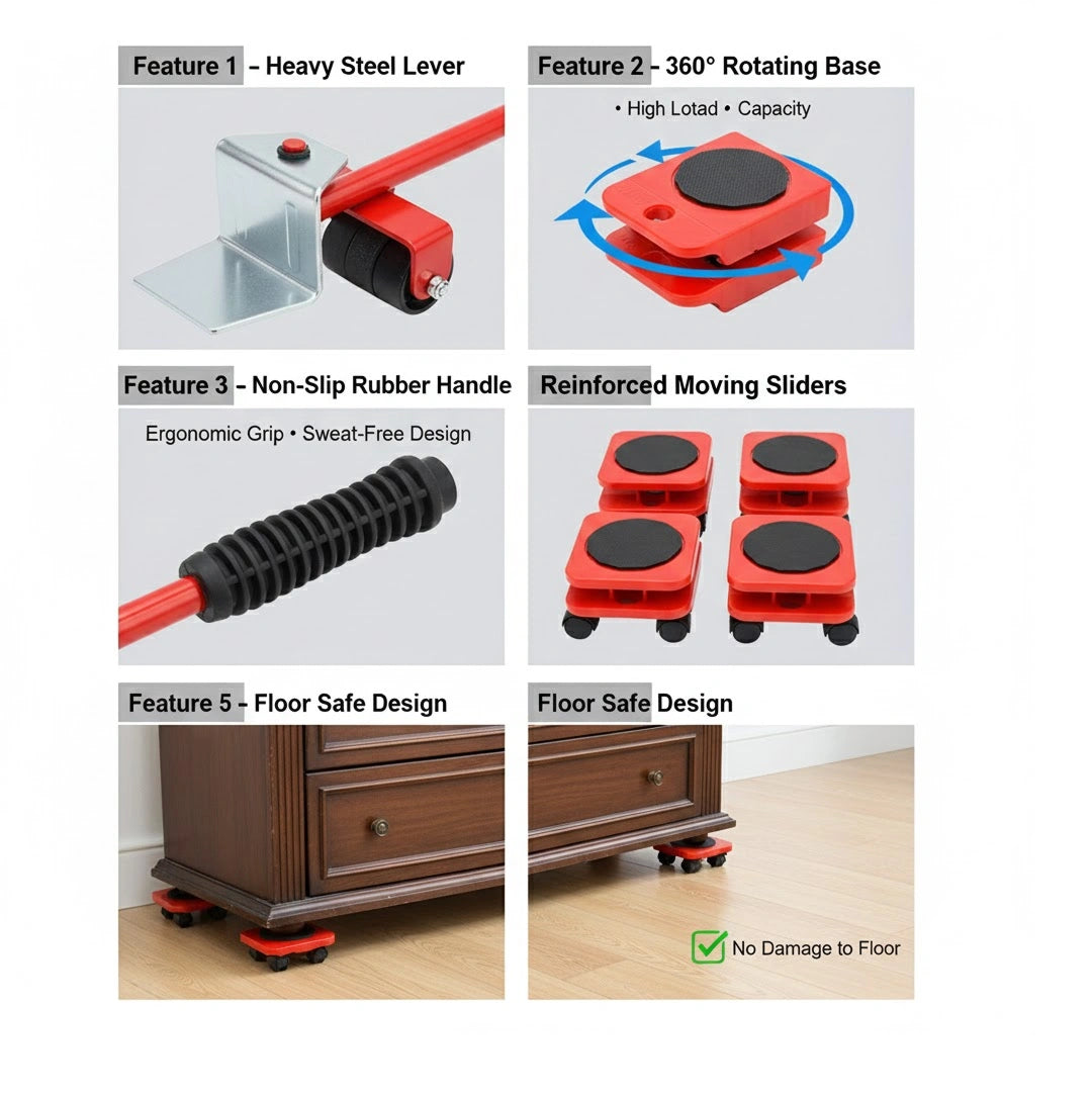 Heavy Furniture Lifter & Moving Tool Set | 5-in-1 Furniture Shifting Kit