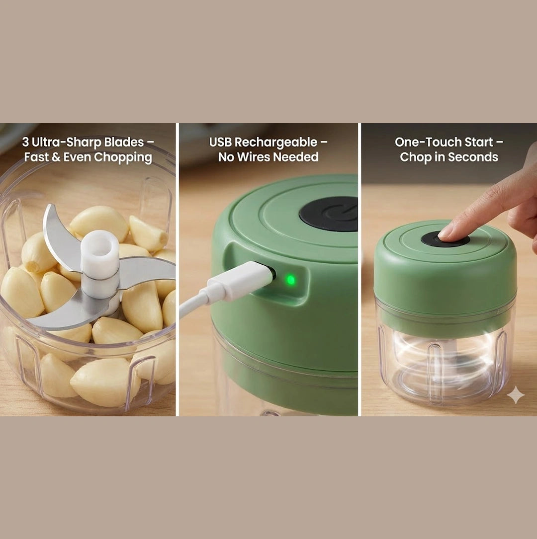 Wireless Usb Rechargeable Mini Electric Garlic Machine  Chopper 3 Blades (250ml)