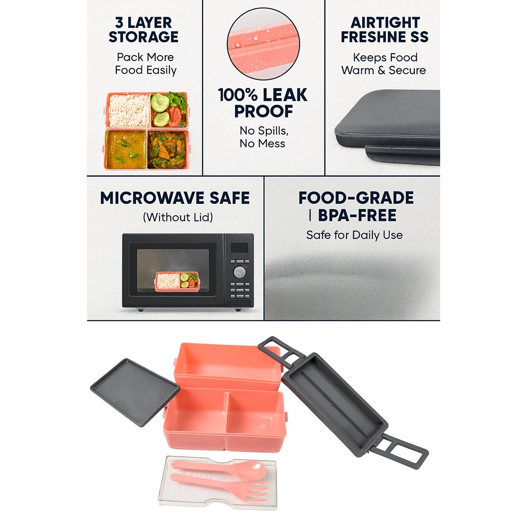 Plastic 3 Layer Leak Proof 3 Compartment Lunch Box For Office  (1 Pc)