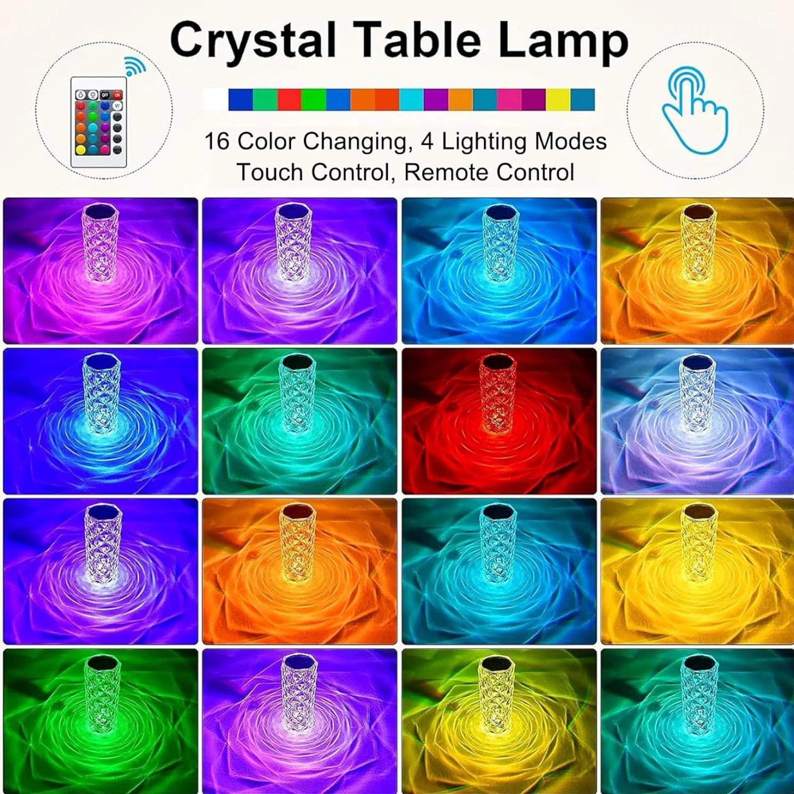 Crystal Rose Diamond Touch Lamp – 16 Color Night Light with Remote & U