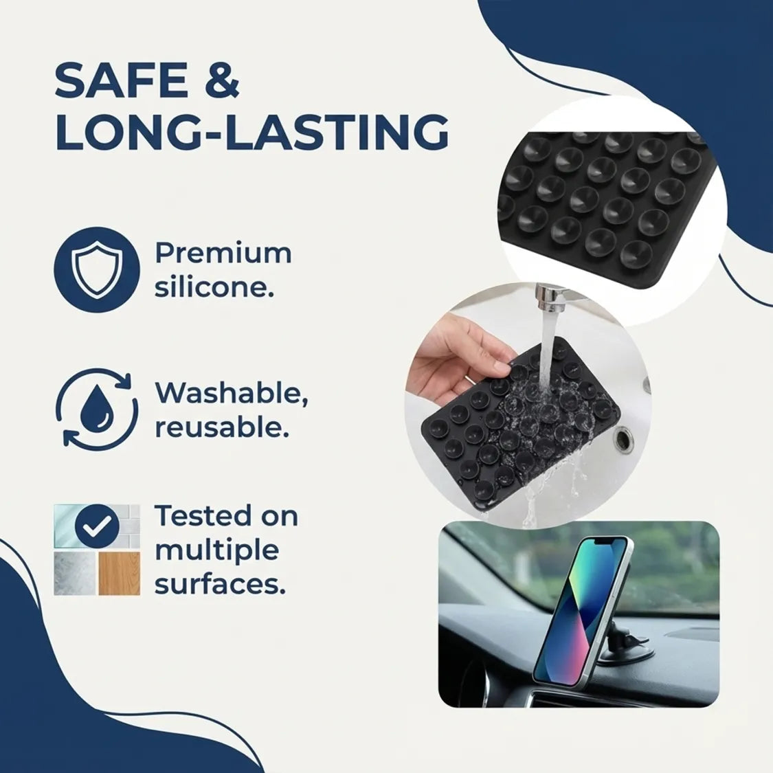 An infographic about the silicone holder's safety and longevity, with a phone mounted in a car.