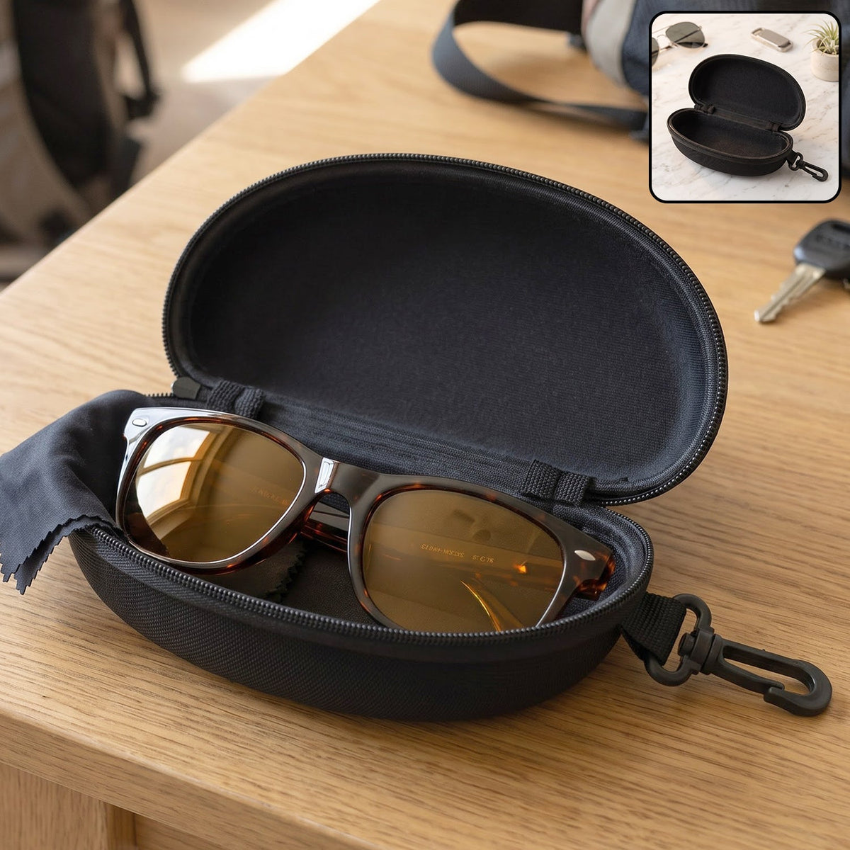 Zipper Hard Shell Sunglasses Case with Clip for Secure Travel Protection