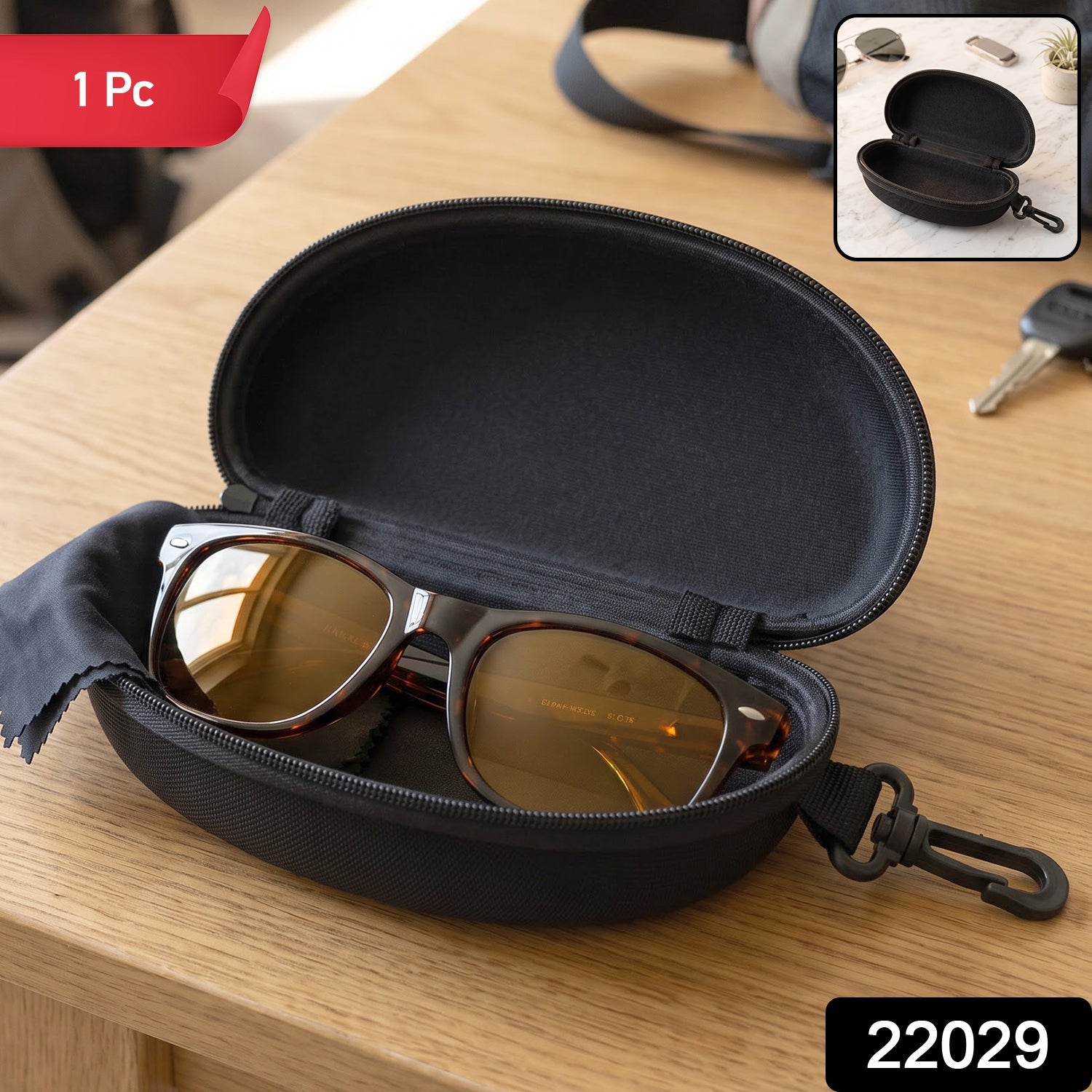 Zipper Hard Shell Sunglasses Case with Clip for Secure Travel Protection