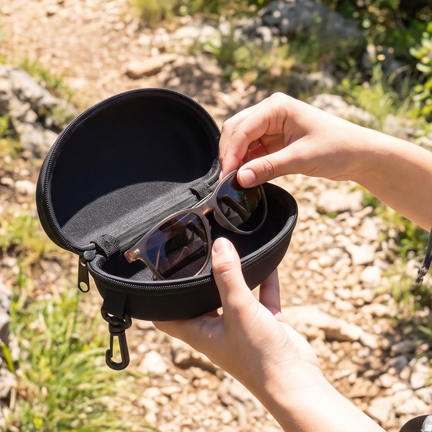 Zipper Hard Shell Sunglasses Case with Clip for Secure Travel Protection