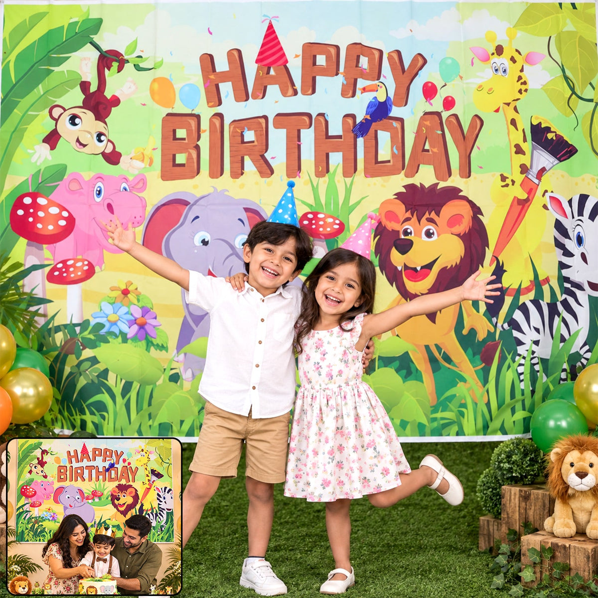 Jungle Animal Happy Birthday Backdrop Curtain for Kids Party Decor (210x150 Cm)