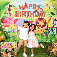 Jungle Animal Happy Birthday Backdrop Curtain for Kids Party Decor (210x150 Cm)