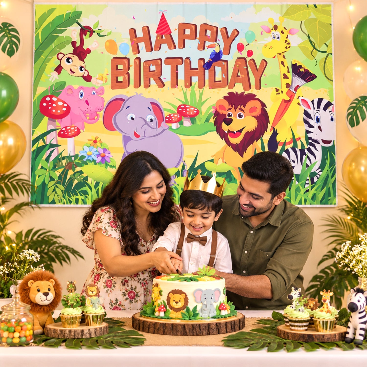 Jungle Animal Happy Birthday Backdrop Curtain for Kids Party Decor (210x150 Cm)