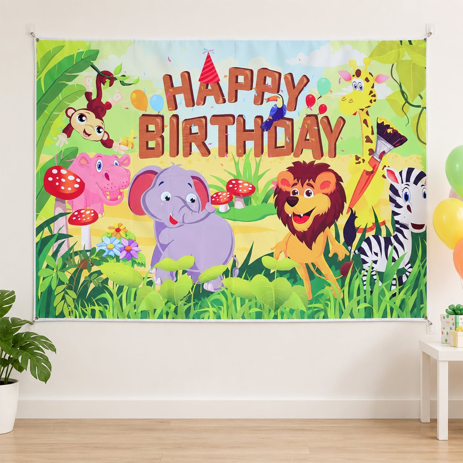 Jungle Animal Happy Birthday Backdrop Curtain for Kids Party Decor (210x150 Cm)