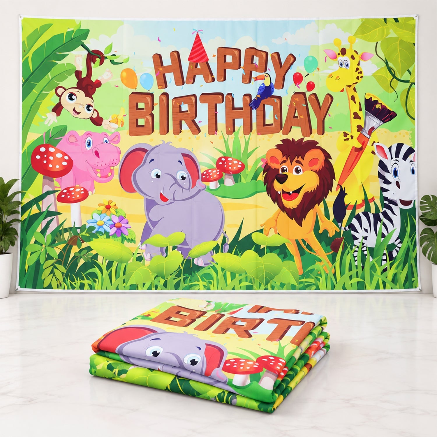 Jungle Animal Happy Birthday Backdrop Curtain for Kids Party Decor (210x150 Cm)