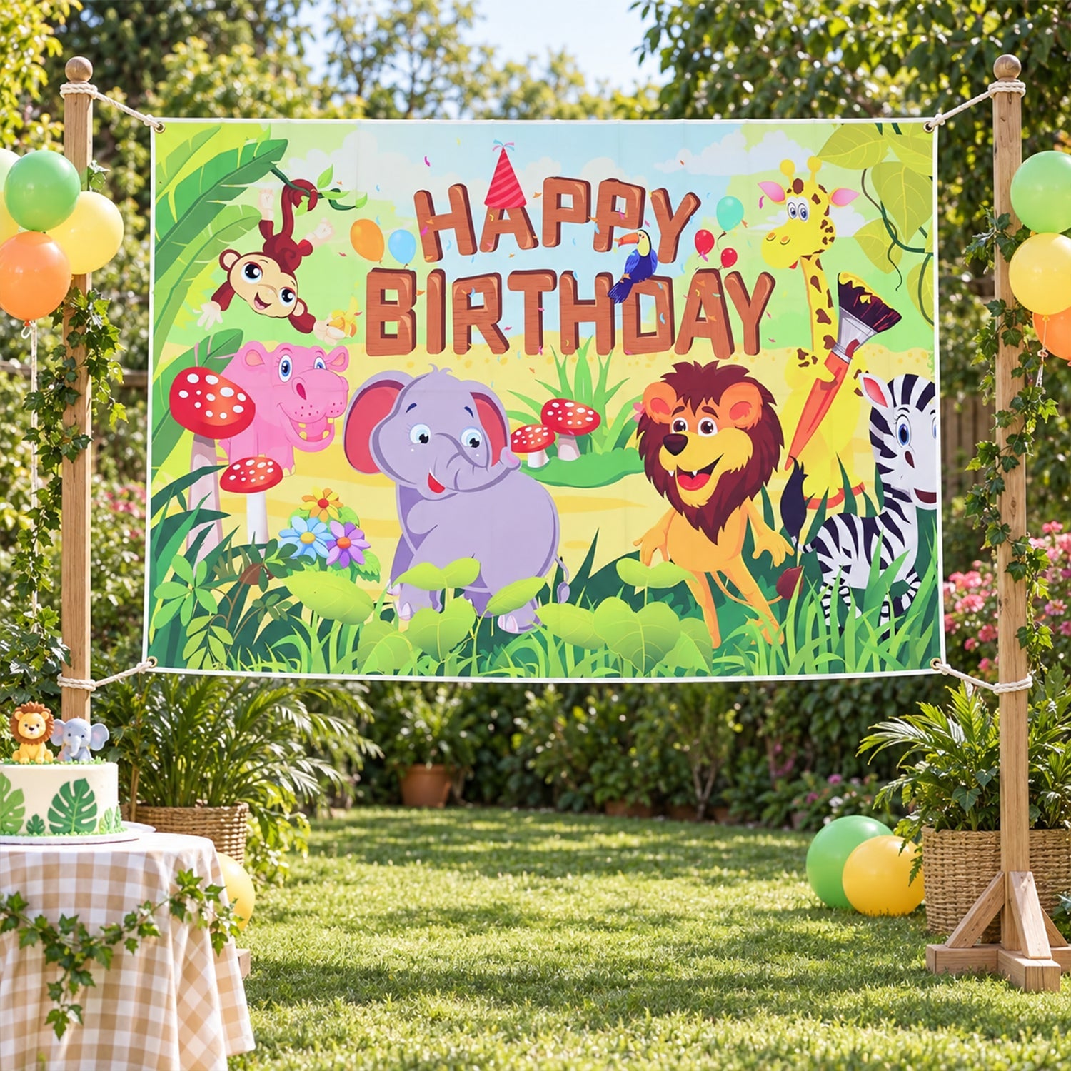 Jungle Animal Happy Birthday Backdrop Curtain for Kids Party Decor (210x150 Cm)