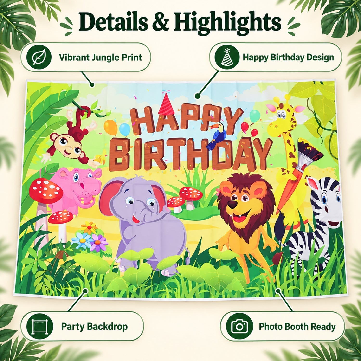 Jungle Animal Happy Birthday Backdrop Curtain for Kids Party Decor (210x150 Cm)