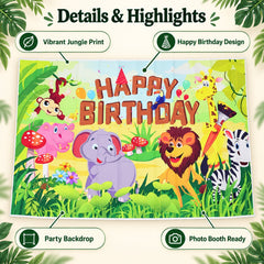 Jungle Animal Happy Birthday Backdrop Curtain for Kids Party Decor (210x150 Cm)