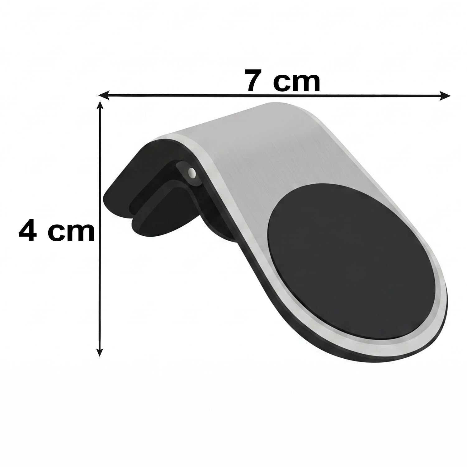 A silver and black magnetic car phone holder is presented on a white background.