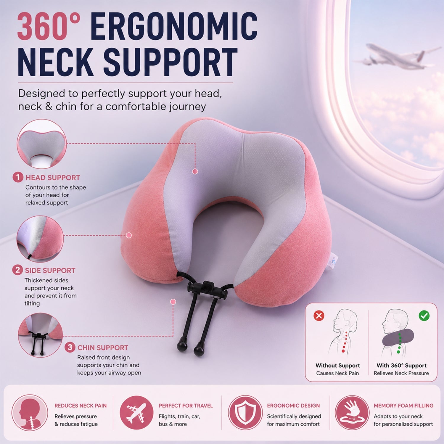U Shaped Travel Neck Pillow with Adjustable Closure for Comfortable Trips