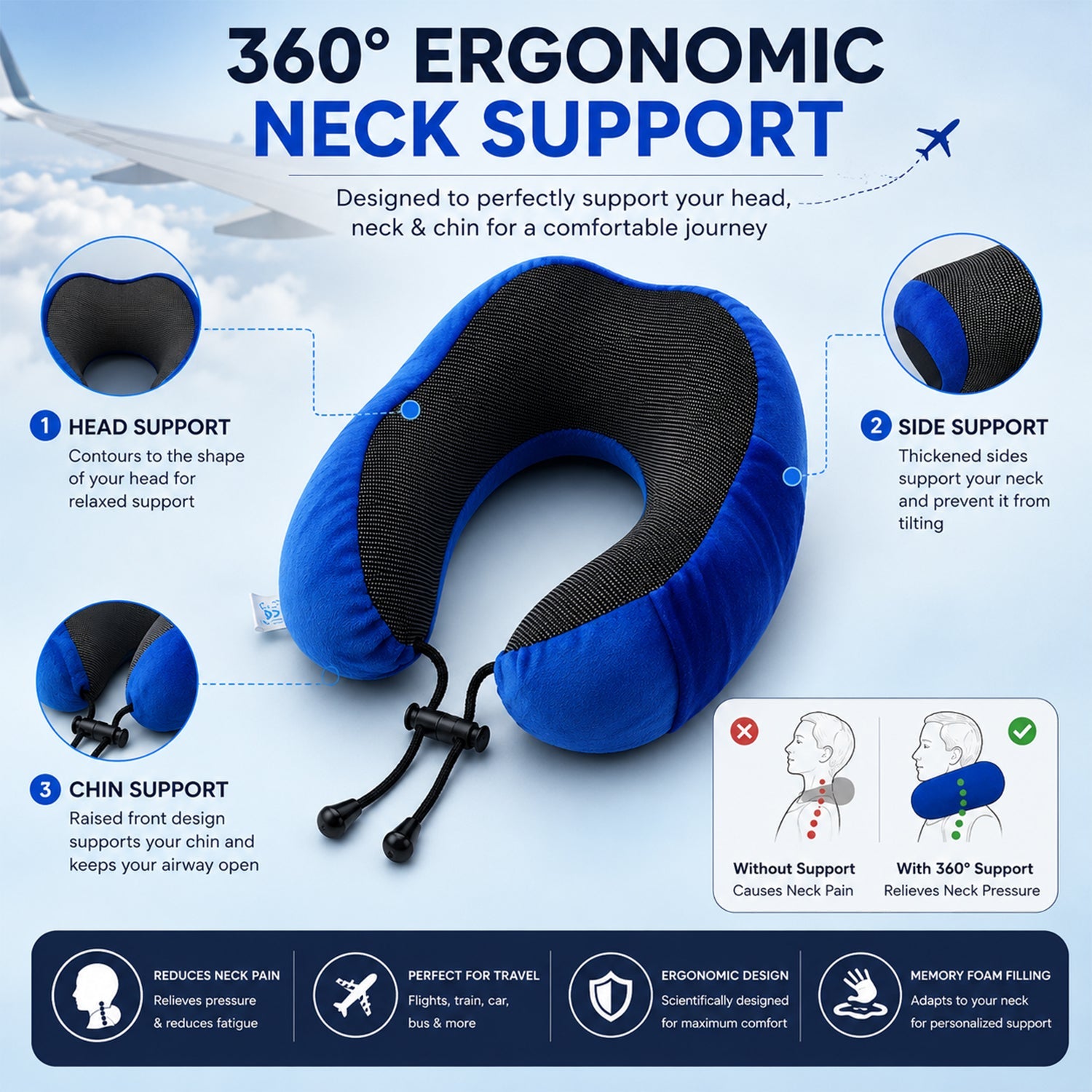 U Shaped Travel Neck Pillow with Adjustable Closure for Comfortable Trips