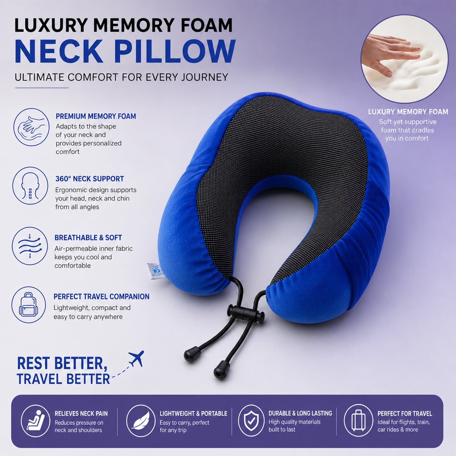 U Shaped Travel Neck Pillow with Adjustable Closure for Comfortable Trips