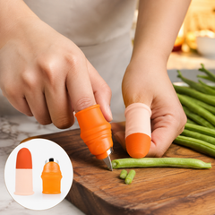 A person wearing an orange thumb cutter and a beige finger protector, trimming green beans on a wooden cutting board.