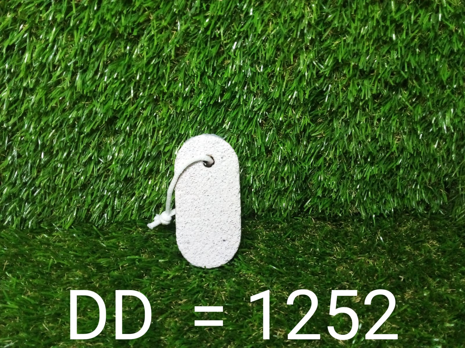 An oval grey pumice stone with a white rope is centered on a vibrant green artificial grass background.