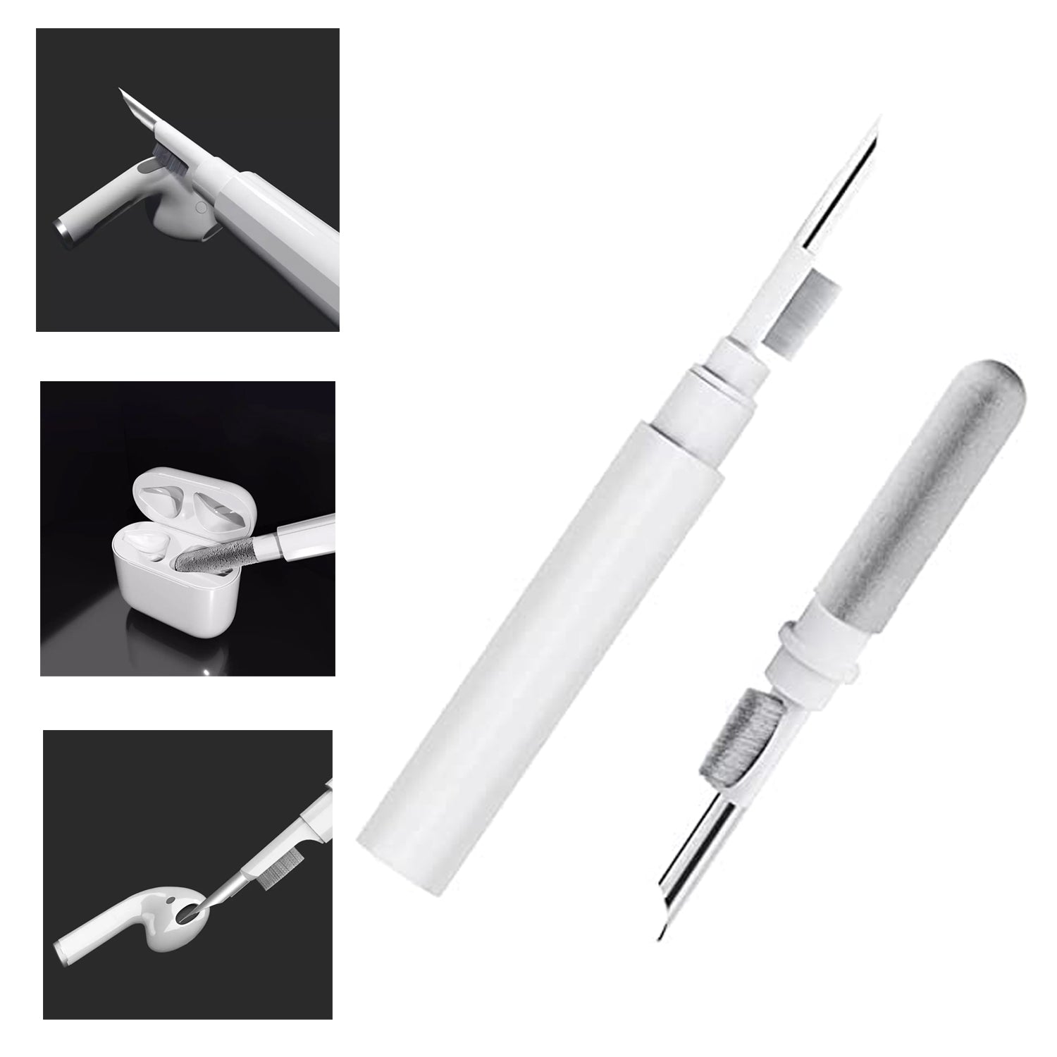 An earbuds cleaning pen being used to clean the charging port of an earbud case.