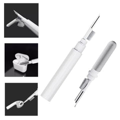 An earbuds cleaning pen being used to clean the charging port of an earbud case.