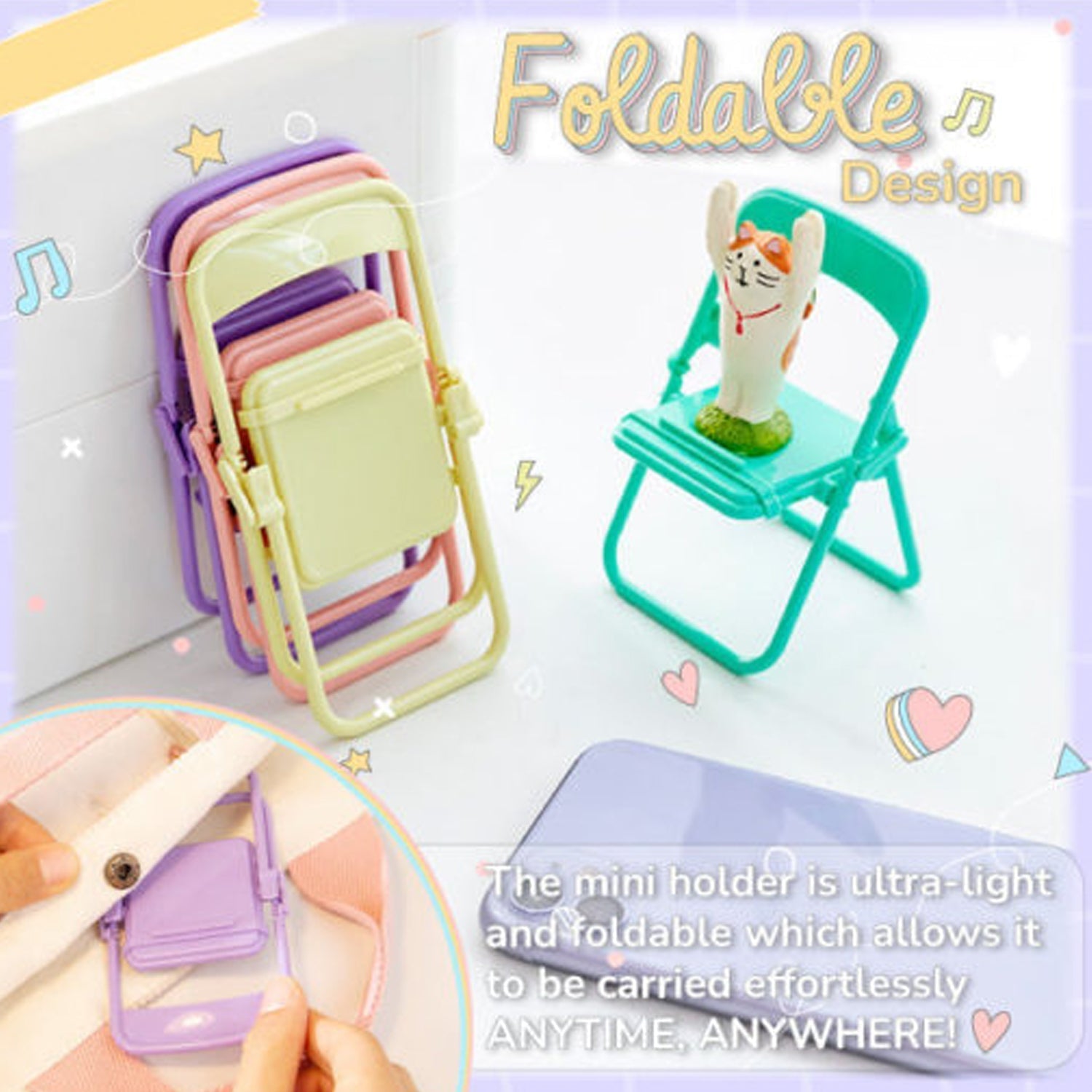 A stack of folded pastel chairs next to a teal chair holding a cat figurine, with a phone and text overlay.