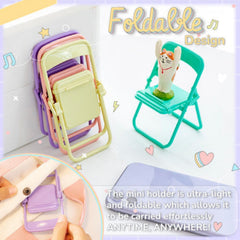 A stack of folded pastel chairs next to a teal chair holding a cat figurine, with a phone and text overlay.