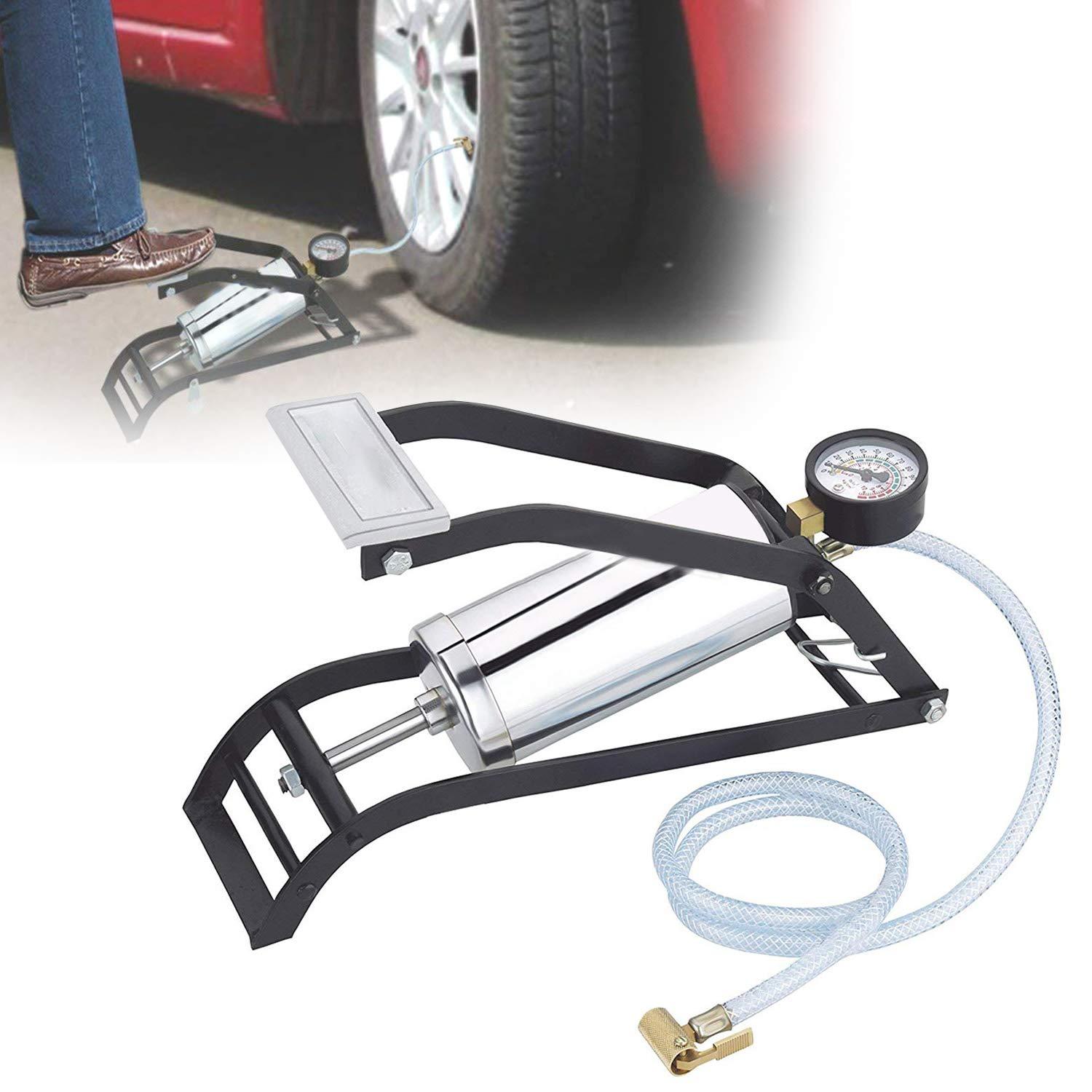 A black and silver foot pump with a gauge and hose is shown, with an inset of a foot using the pump on a car tire.