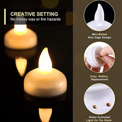 Two white LED floating candles with details on their mini melted wax edge design, easy battery replacement, and