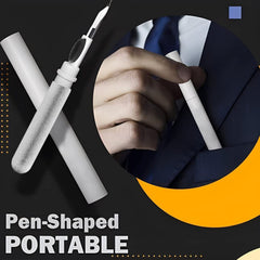 The fine metal tip of the earphone cleaner pen gently removing debris from an earbud speaker.
