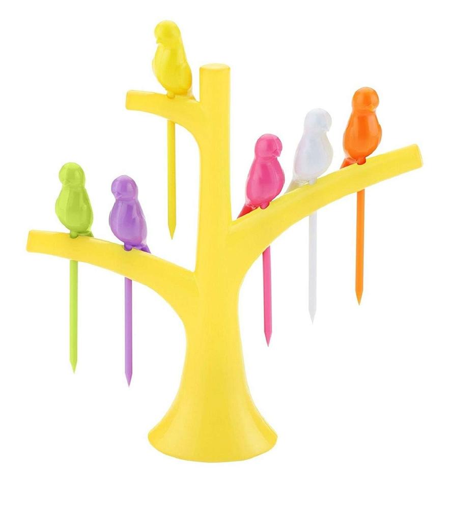 A yellow tree holder with six colorful bird fruit forks, including yellow, green, purple, pink, white, and orange.