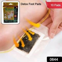 A foot with a white detox pad applied to the sole, with a product box and text overlays.