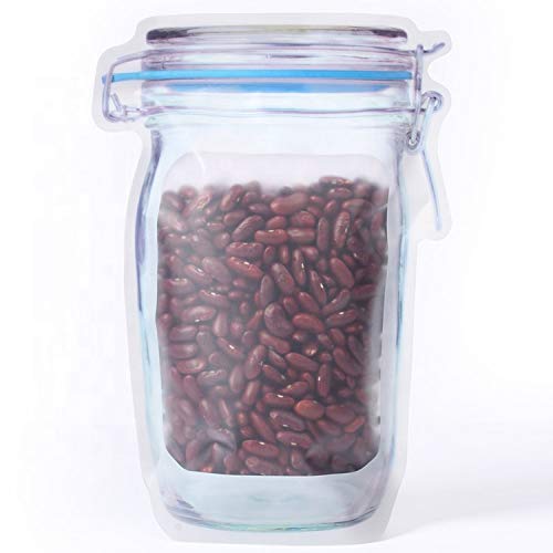 A clear, mason jar-shaped plastic bag is filled with dark red kidney beans on a white background.