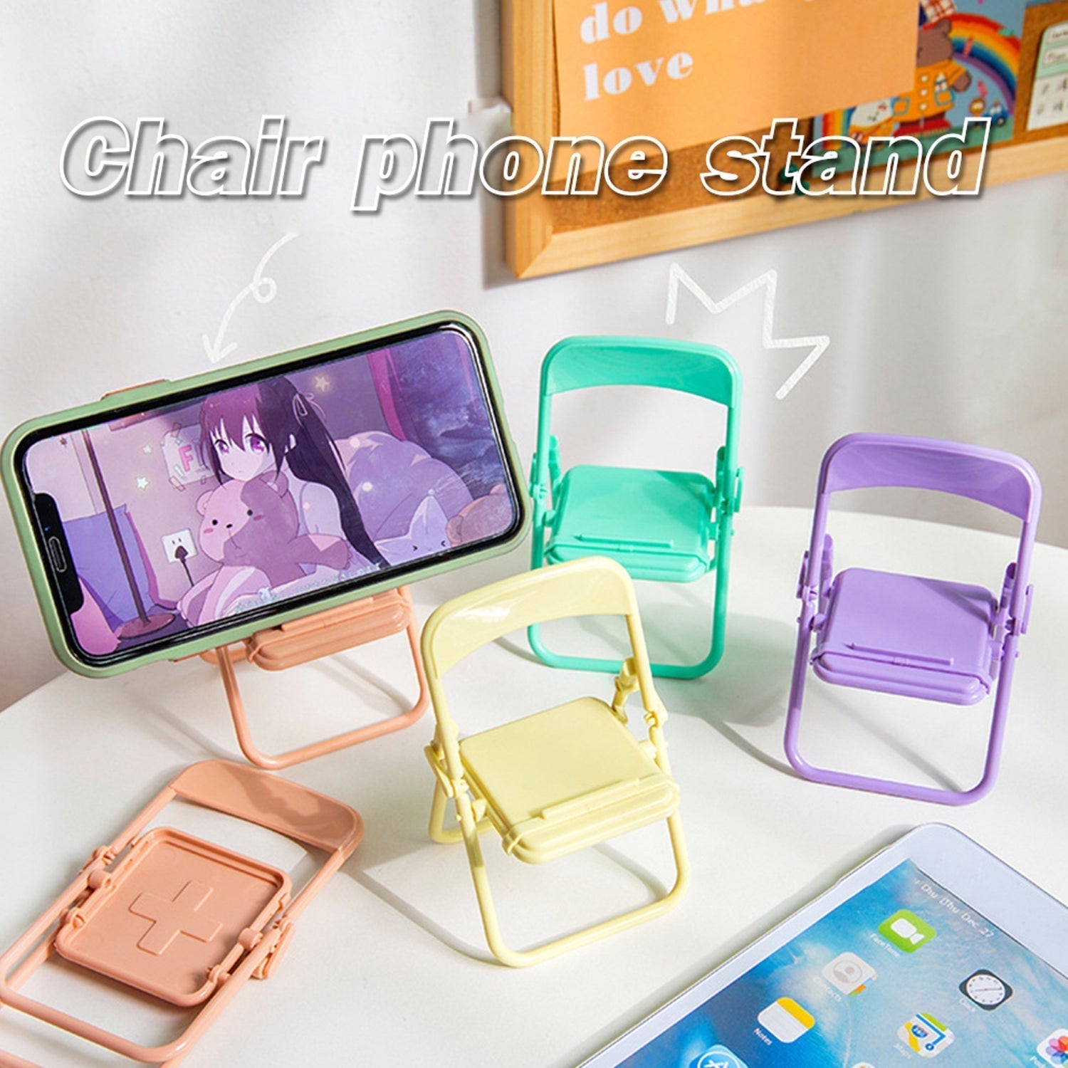 A phone on a teal chair stand, surrounded by yellow, purple, and peach chair stands, with a tablet in the foreground.
