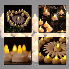 Four collage images displaying multiple white LED floating candles in various arrangements, including a flower shape.
