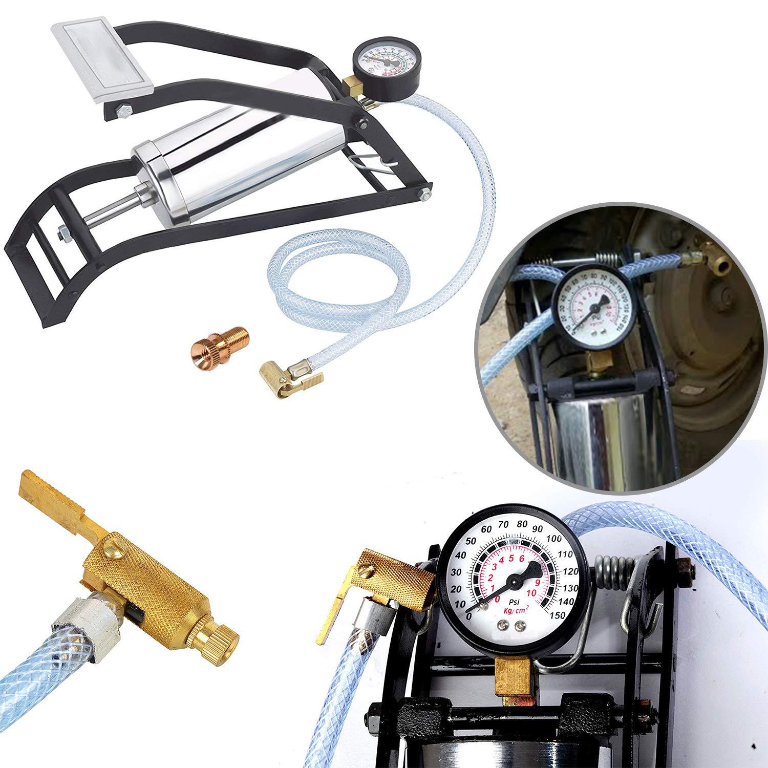 A black and silver foot pump with a gauge and hose is shown with close-ups of the gauge and a brass valve adapter.
