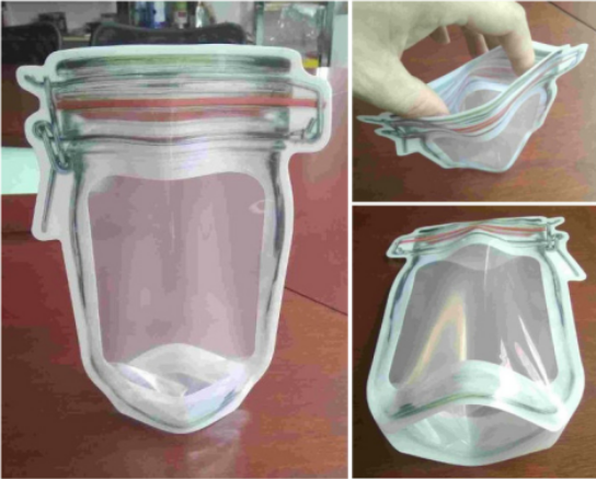 A collage shows a jar-shaped pouch, a hand opening it, and the pouch lying flat, all on a wooden surface.