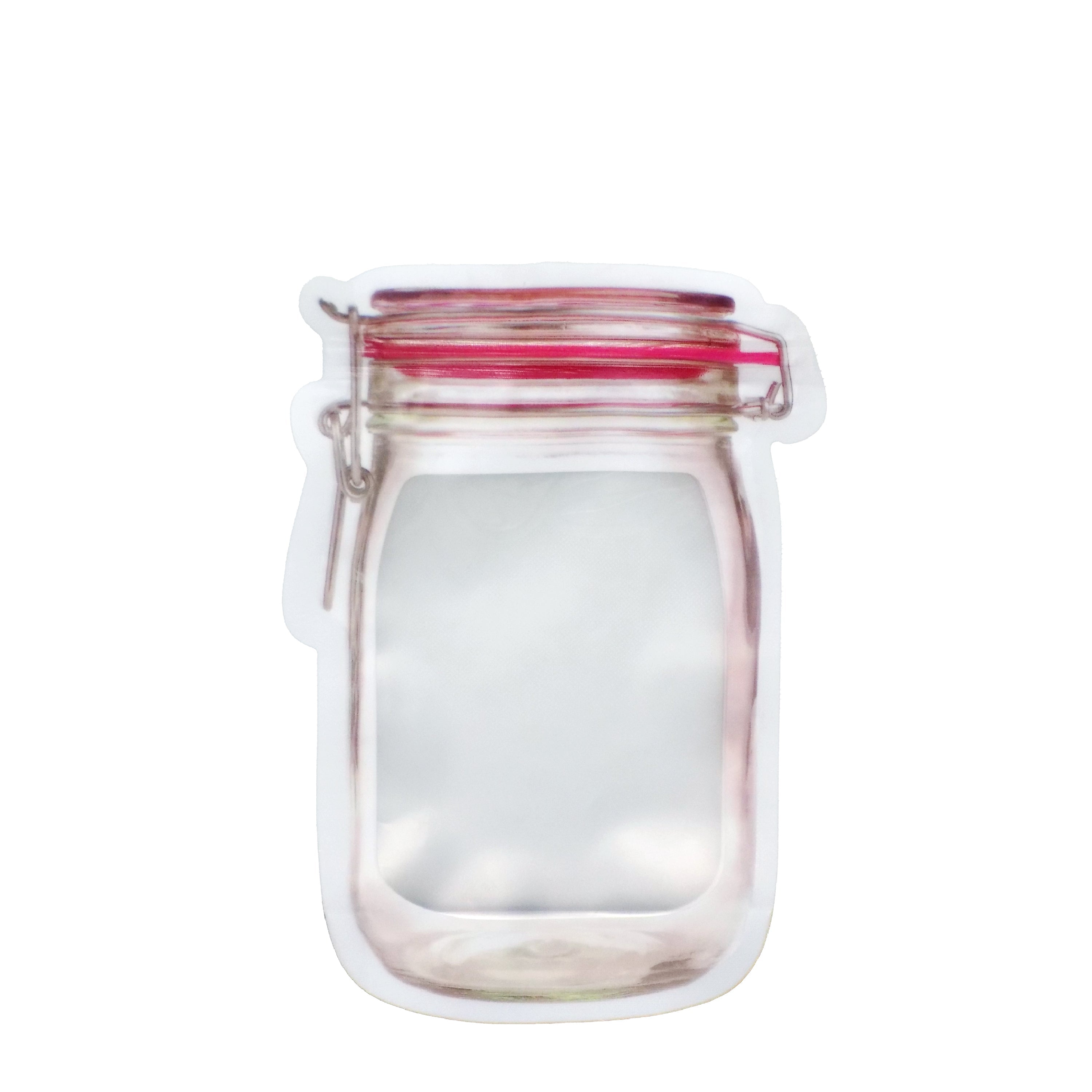 A small jar-shaped zipper pouch with a red lid design is shown empty on a white background.