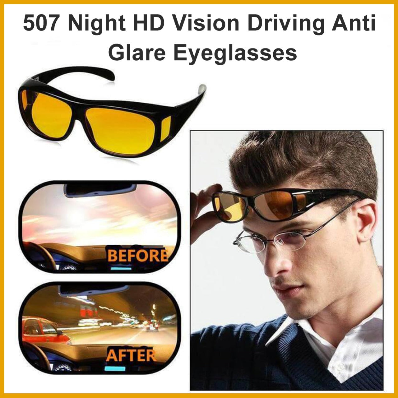 A promotional image showing yellow-lensed wrap-around glasses, a man wearing them over prescription glasses, and 'before and