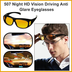 A promotional image showing yellow-lensed wrap-around glasses, a man wearing them over prescription glasses, and 'before and