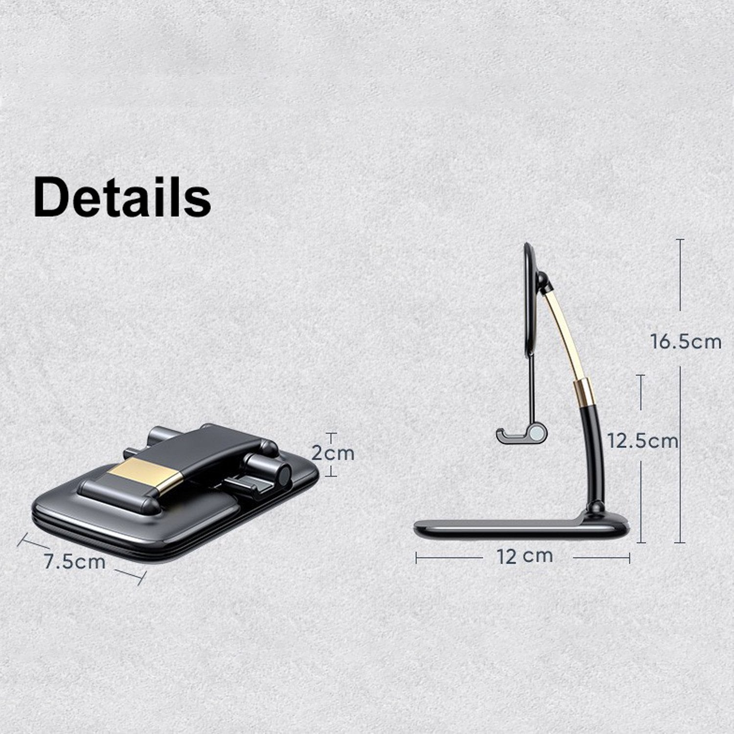 Folded and unfolded black and gold phone stand with dimensions labeled for length, width, and height.