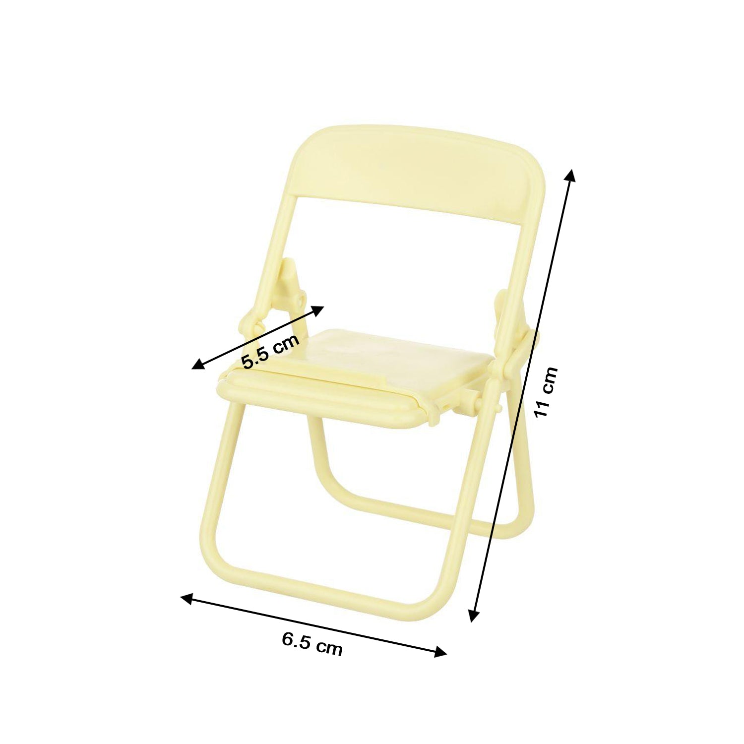A single yellow miniature foldable chair with dimensions of 5.5 cm, 6.5 cm, and 11 cm indicated by arrows.