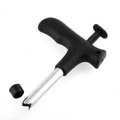 Ergonomic handle of the coconut opener tool for secure grip.