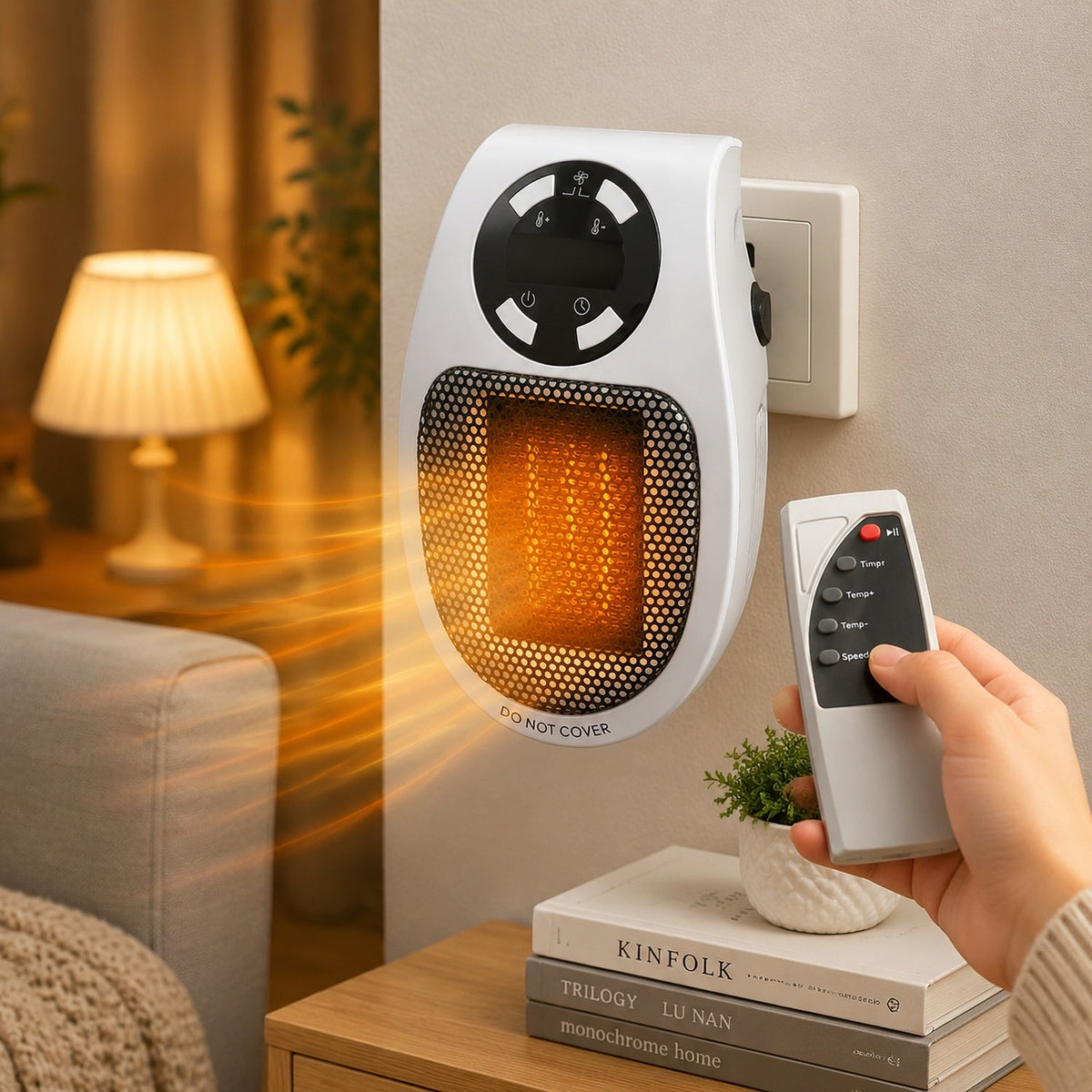 White and black wall heater plugged into an outlet, glowing orange, with a hand holding a remote control.