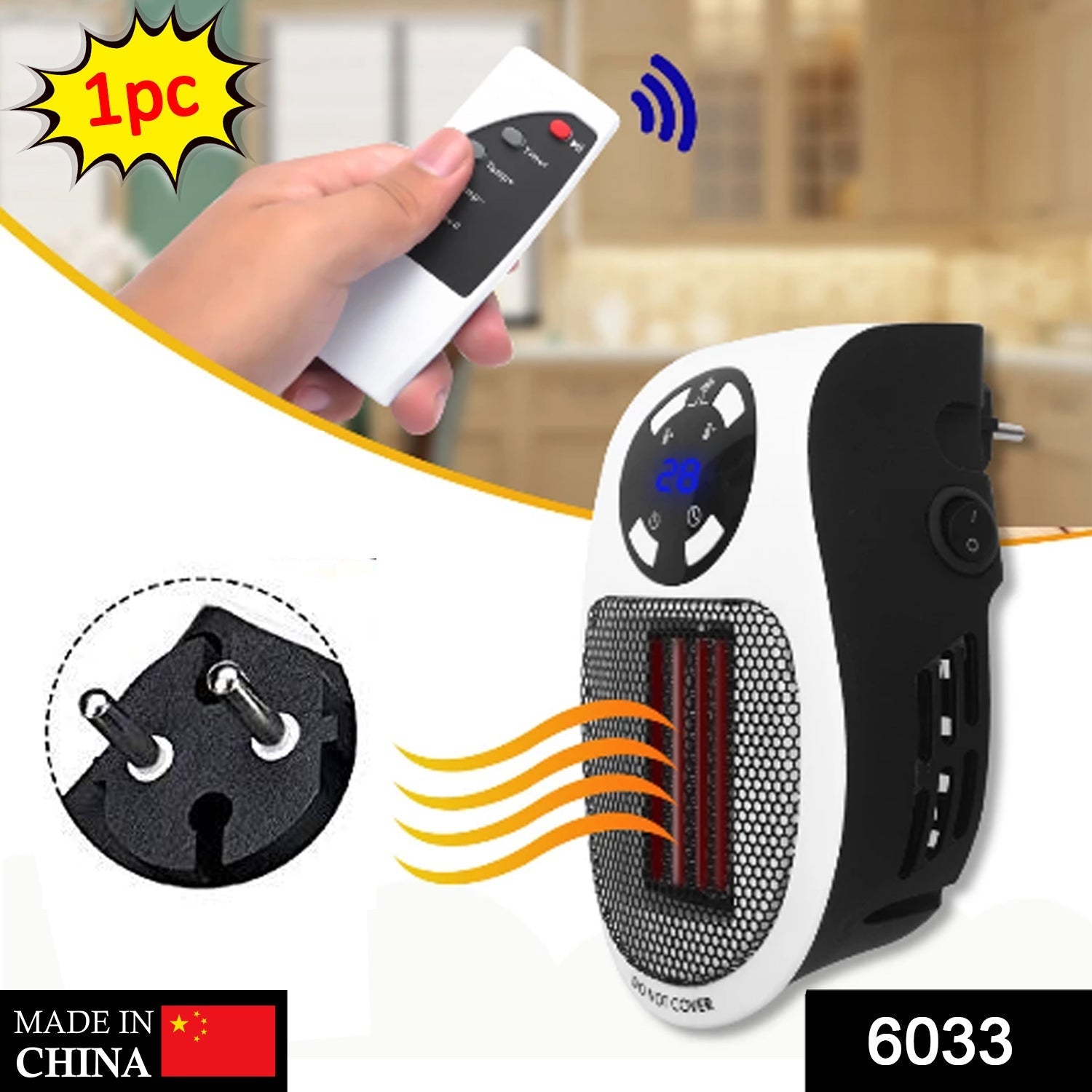 White and black wall heater with an orange glow, a hand holding a remote, and a close-up of the two-prong plug.